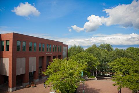 The Ames Library looking over Martin Square